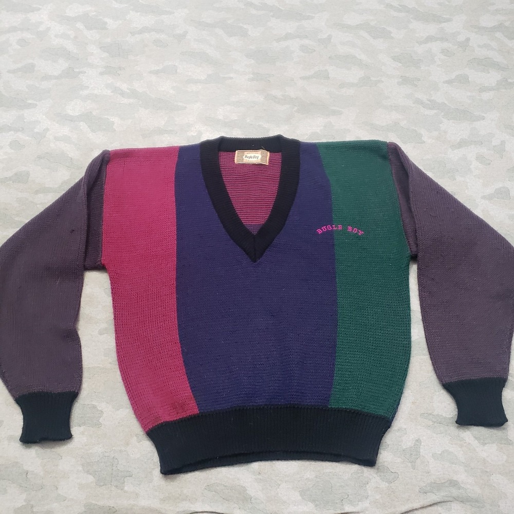 Vintage Bugle Boy Sweater Mens Large Multicolor V-Neck Color Block Grandpacore